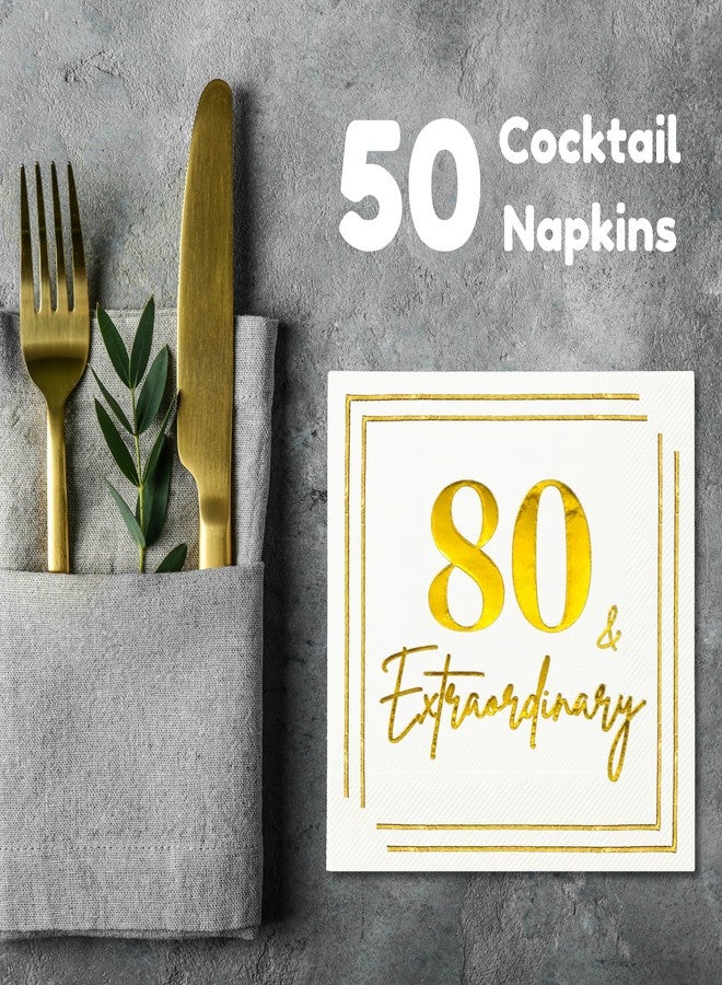 Cloverjoyed 80th Birthday Cocktail Napkins, Gold 80 Years Old Bday Party Decorations, "80 & Extraordinary" Disposable Paper Napkin Decor for Women & Men, Milestone Celebration Fabulous Gift Ideas, 50 Pack - Image 4